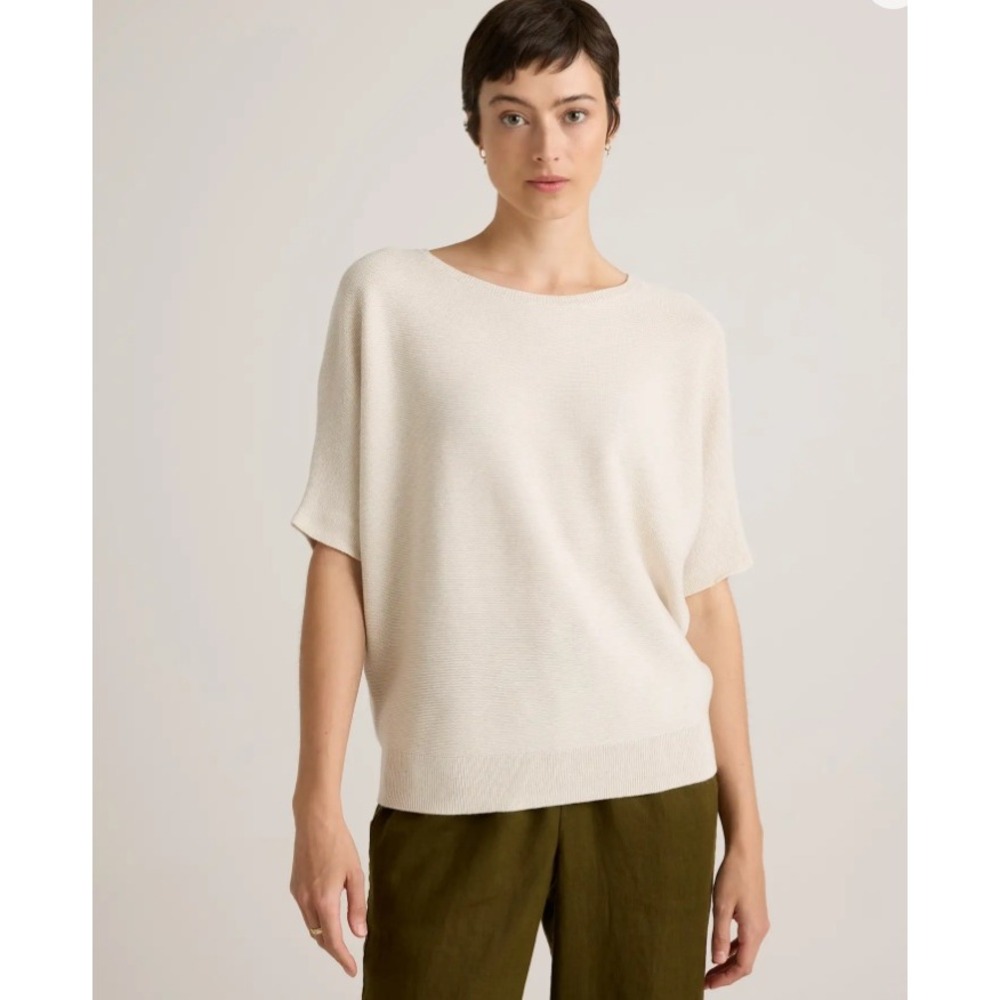 Quince Lightweight Cotton Cashmere Link-Stitch Dolman Sweater Ivory Medium